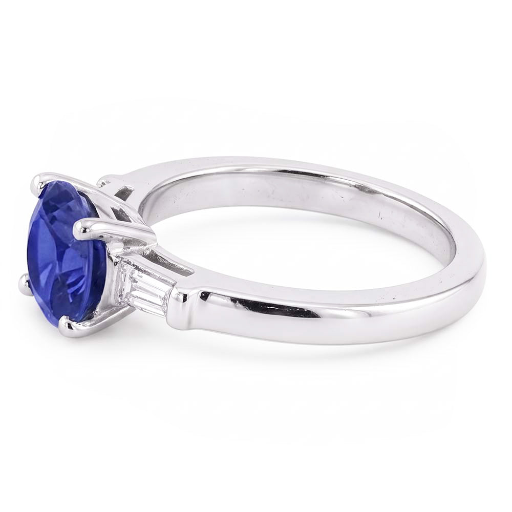 Three Stone Baguette Natural Earth Mined Diamond & Round Blue Sapphire Ring 2.25 Carats