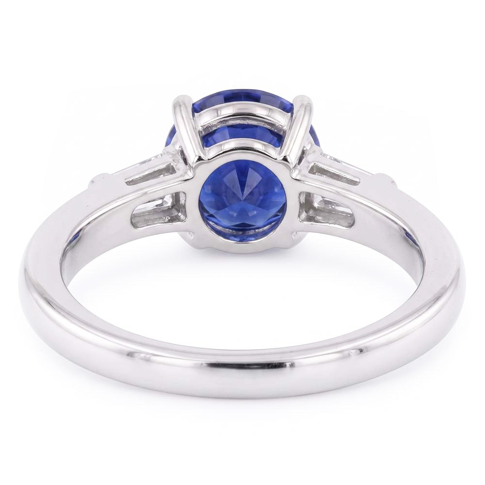 Three Stone Baguette Natural Earth Mined Diamond & Round Blue Sapphire Ring 2.25 Carats