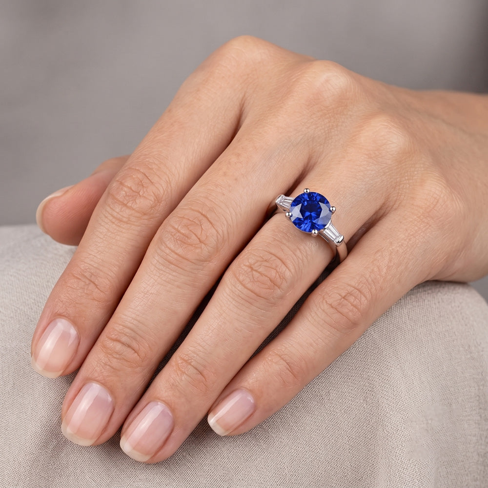 Three Stone Baguette Natural Earth Mined Diamond & Round Blue Sapphire Ring 2.25 Carats