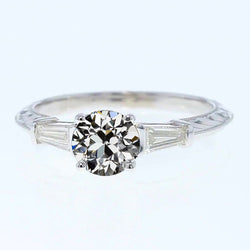 Three Stone Baguette & Round Old Mine Cut Real Diamond Ring 2 Carats