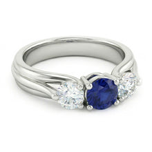 Three Stone Blue Sapphire And Natural Earth Mined Diamond Ring 1 Carat White Gold 14K