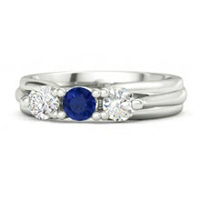 Three Stone Blue Sapphire And Natural Earth Mined Diamond Ring 1 Carat White Gold 14K