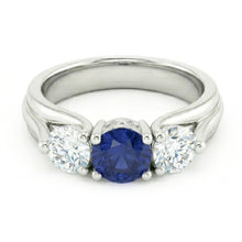 Three Stone Blue Sapphire And Natural Earth Mined Diamond Ring 1 Carat White Gold 14K