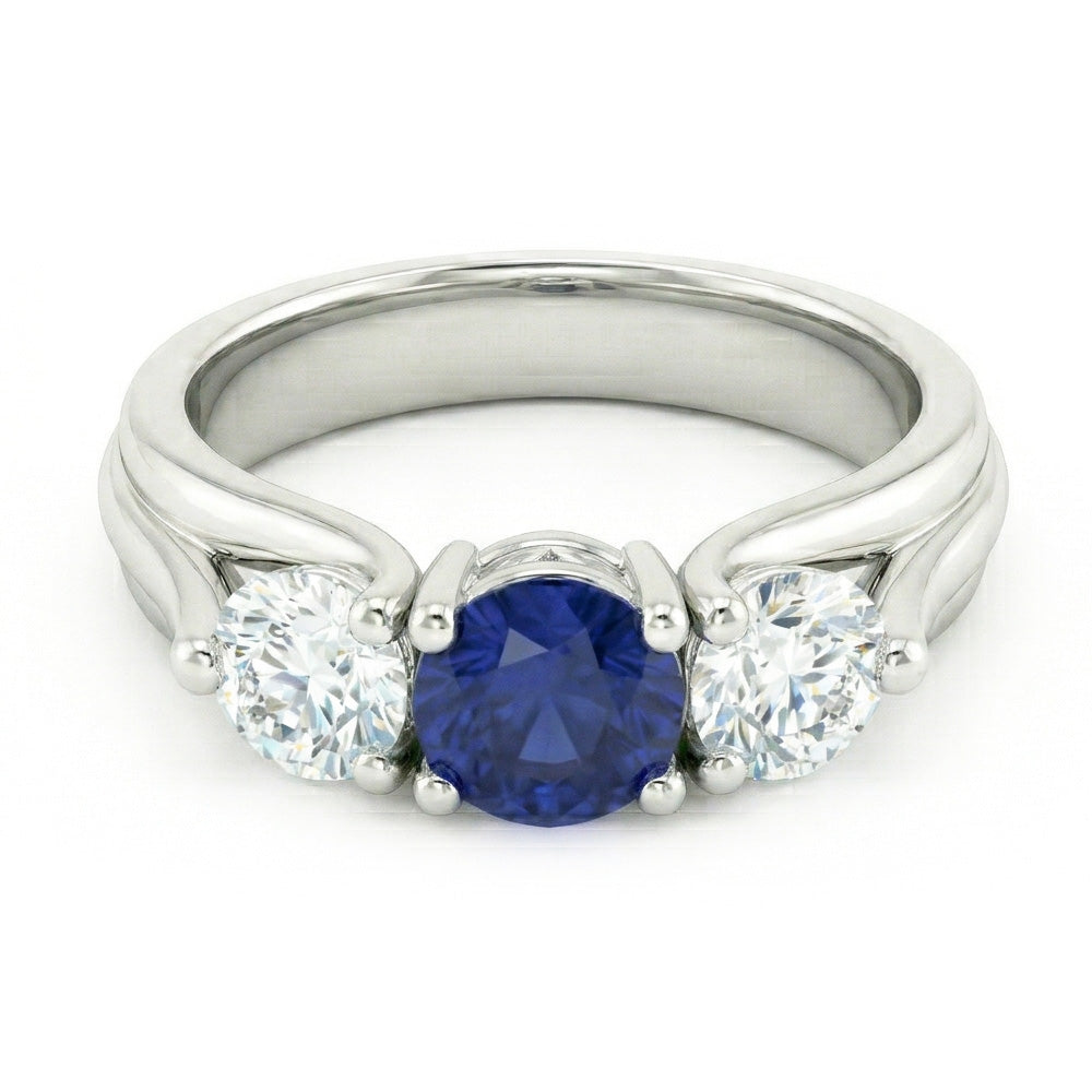 Three Stone Blue Sapphire And Natural Earth Mined Diamond Ring 1 Carat White Gold 14K
