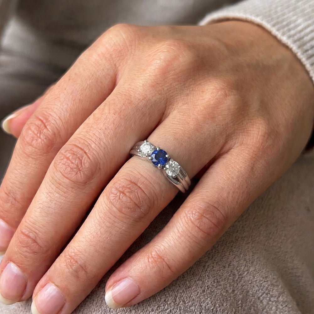 Three Stone Blue Sapphire And Natural Earth Mined Diamond Ring 1 Carat White Gold 14K