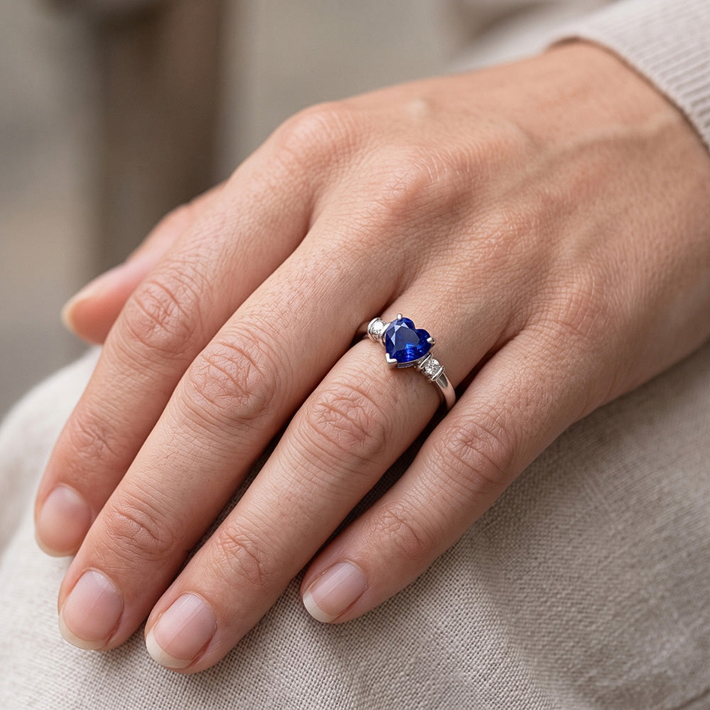 Three Stone Ceylon Sapphire Ring & Small Round Natural Earth Mined Diamonds 1.25 Carats