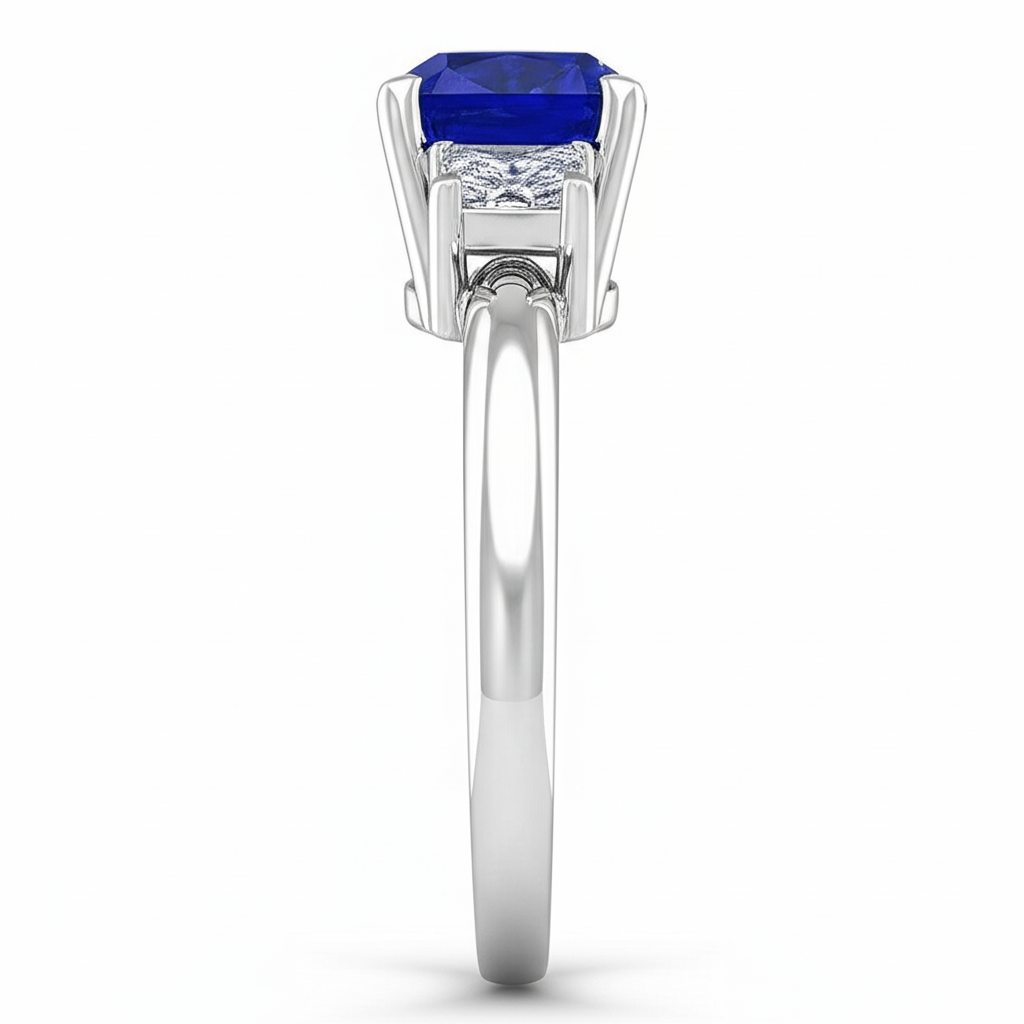 Three Stone Ceylon Sapphire With Natural Earth Mined Diamonds 3.50 Ct Ring White Gold