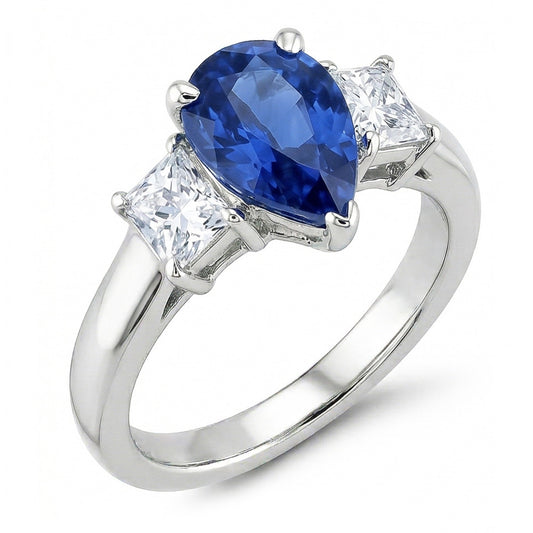 Three Stone Ceylon Sapphire With Natural Earth Mined Diamonds 3.50 Ct Ring White Gold