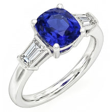 Three Stone Cushion Ceylon Sapphire Ring 2.25 Carats Baguette Natural Earth Mined Diamonds