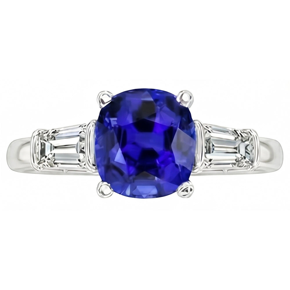 Three Stone Cushion Ceylon Sapphire Ring 2.25 Carats Baguette Natural Earth Mined Diamonds