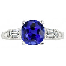 Three Stone Cushion Ceylon Sapphire Ring 2.25 Carats Baguette Natural Earth Mined Diamonds