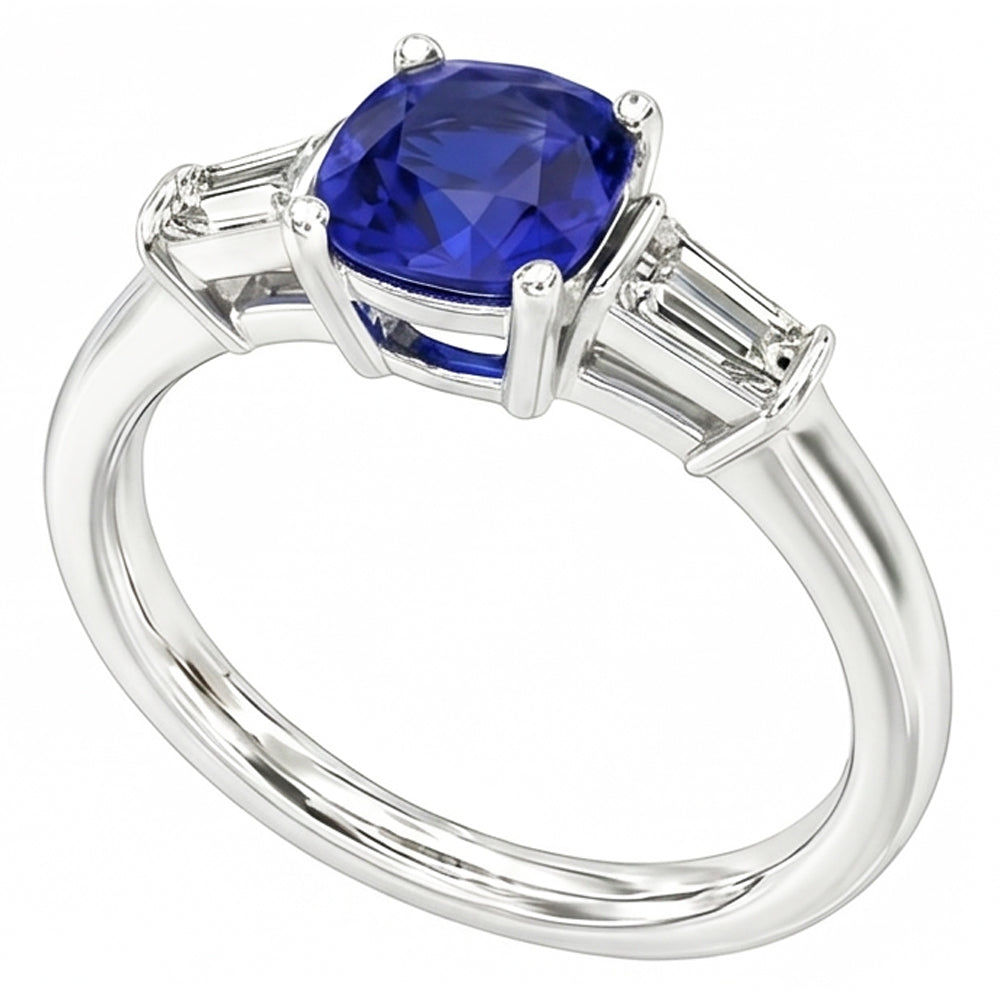 Three Stone Cushion Ceylon Sapphire Ring 2.25 Carats Baguette Natural Earth Mined Diamonds