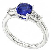 Three Stone Cushion Ceylon Sapphire Ring 2.25 Carats Baguette Natural Earth Mined Diamonds