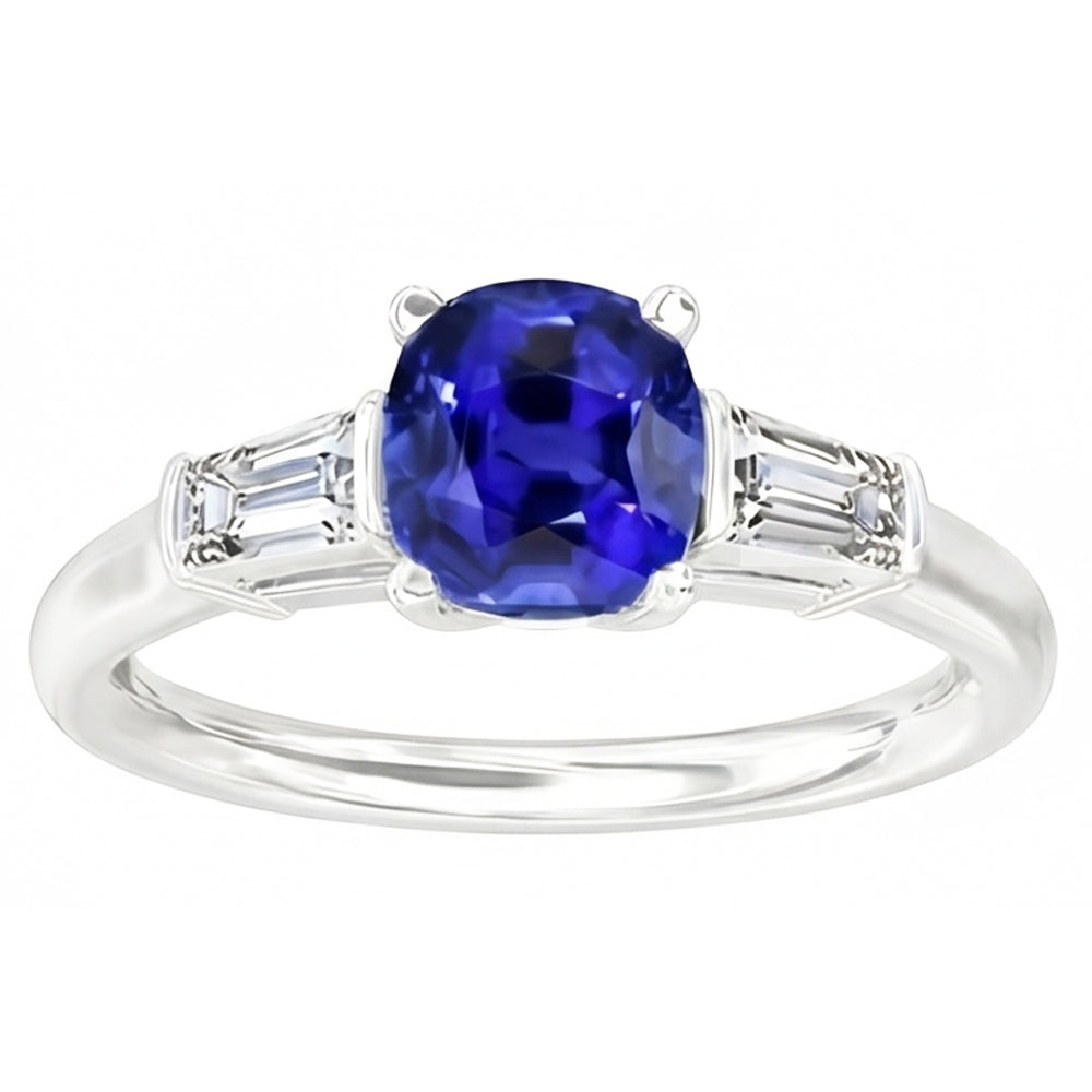 Three Stone Cushion Ceylon Sapphire Ring 2.25 Carats Baguette Natural Earth Mined Diamonds