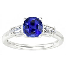 Three Stone Cushion Ceylon Sapphire Ring 2.25 Carats Baguette Natural Earth Mined Diamonds