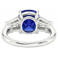 Three Stone Cushion Ceylon Sapphire Ring 2.25 Carats Baguette Natural Earth Mined Diamonds