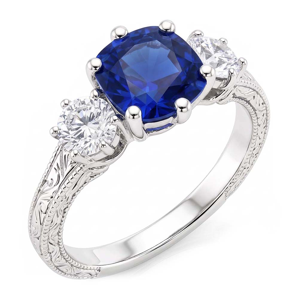 Three Stone Cushion Sapphire Ring Antique Style Natural Earth Mined Diamonds 2.50 Carats