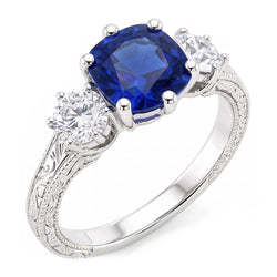 Three Stone Cushion Sapphire Ring Antique Style Natural Earth Mined Diamonds 2.50 Carats