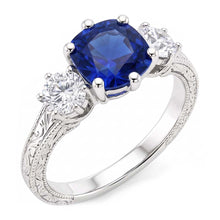 Three Stone Cushion Sapphire Ring Antique Style Natural Earth Mined Diamonds 2.50 Carats