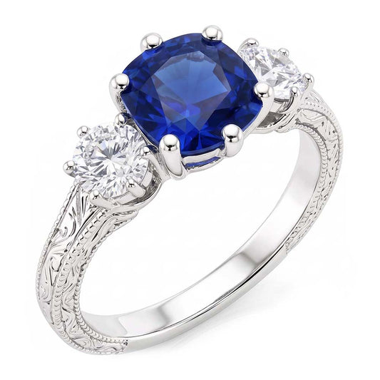 Three Stone Cushion Sapphire Ring Antique Style Natural Earth Mined Diamonds 2.50 Carats