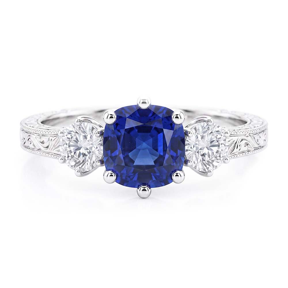 Three Stone Cushion Sapphire Ring Antique Style Natural Earth Mined Diamonds 2.50 Carats