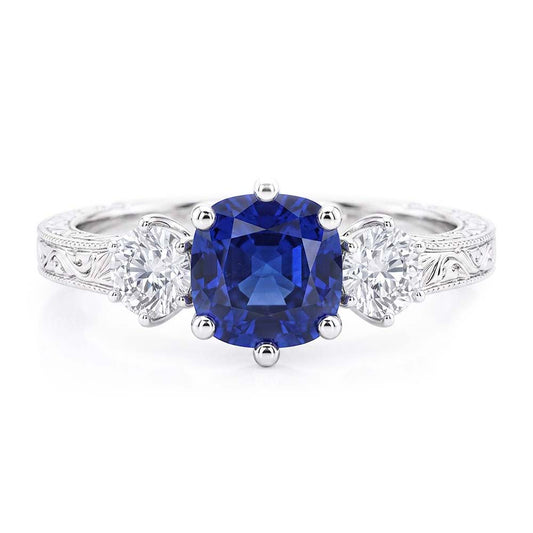 Three Stone Cushion Sapphire Ring Antique Style Natural Earth Mined Diamonds 2.50 Carats