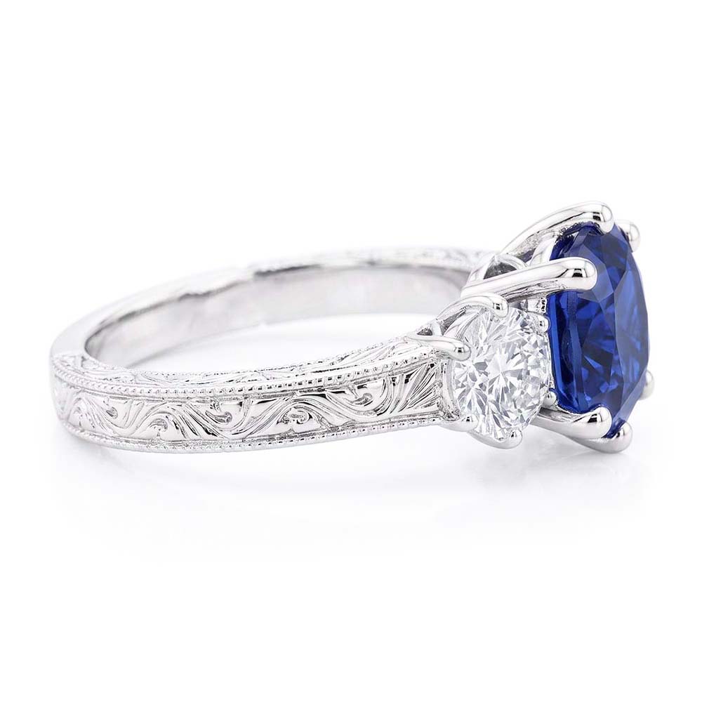 Three Stone Cushion Sapphire Ring Antique Style Natural Earth Mined Diamonds 2.50 Carats