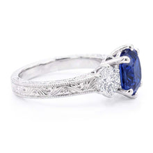 Three Stone Cushion Sapphire Ring Antique Style Natural Earth Mined Diamonds 2.50 Carats