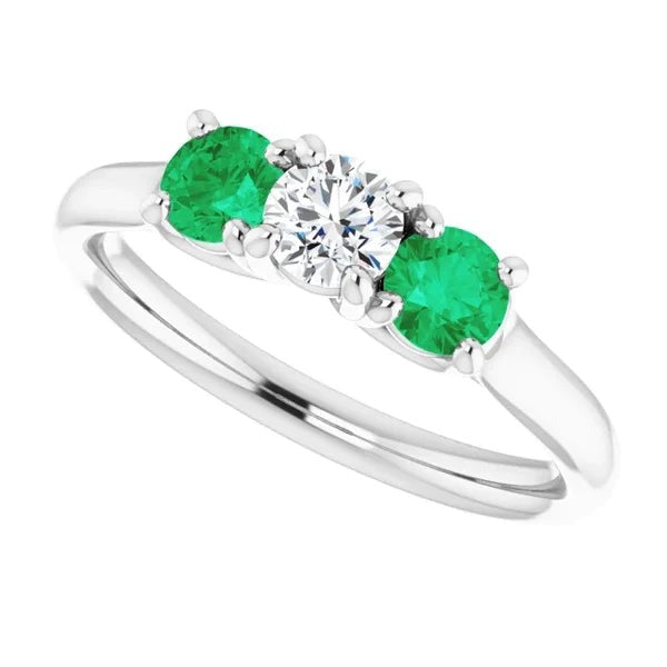 Three Stone Diamond Emerald Ring 2.40 Carats White Gold 14K