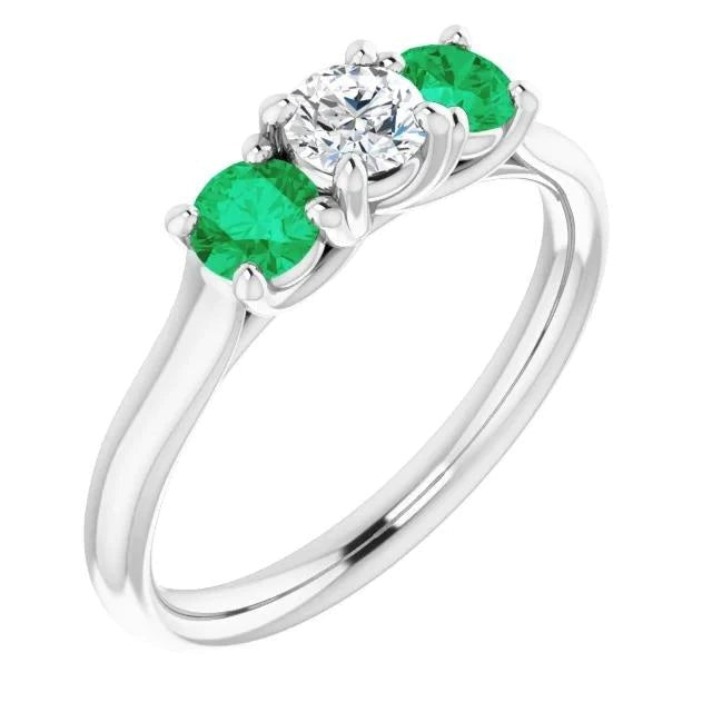 Three Stone Diamond Emerald Ring 2.40 Carats White Gold 14K
