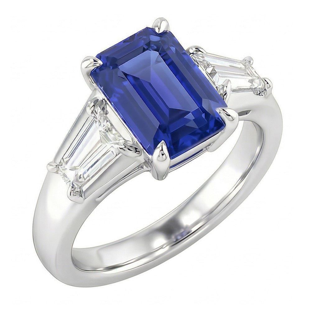 Three Stone Emerald Blue Sapphire Engagement Ring Gold 14K
