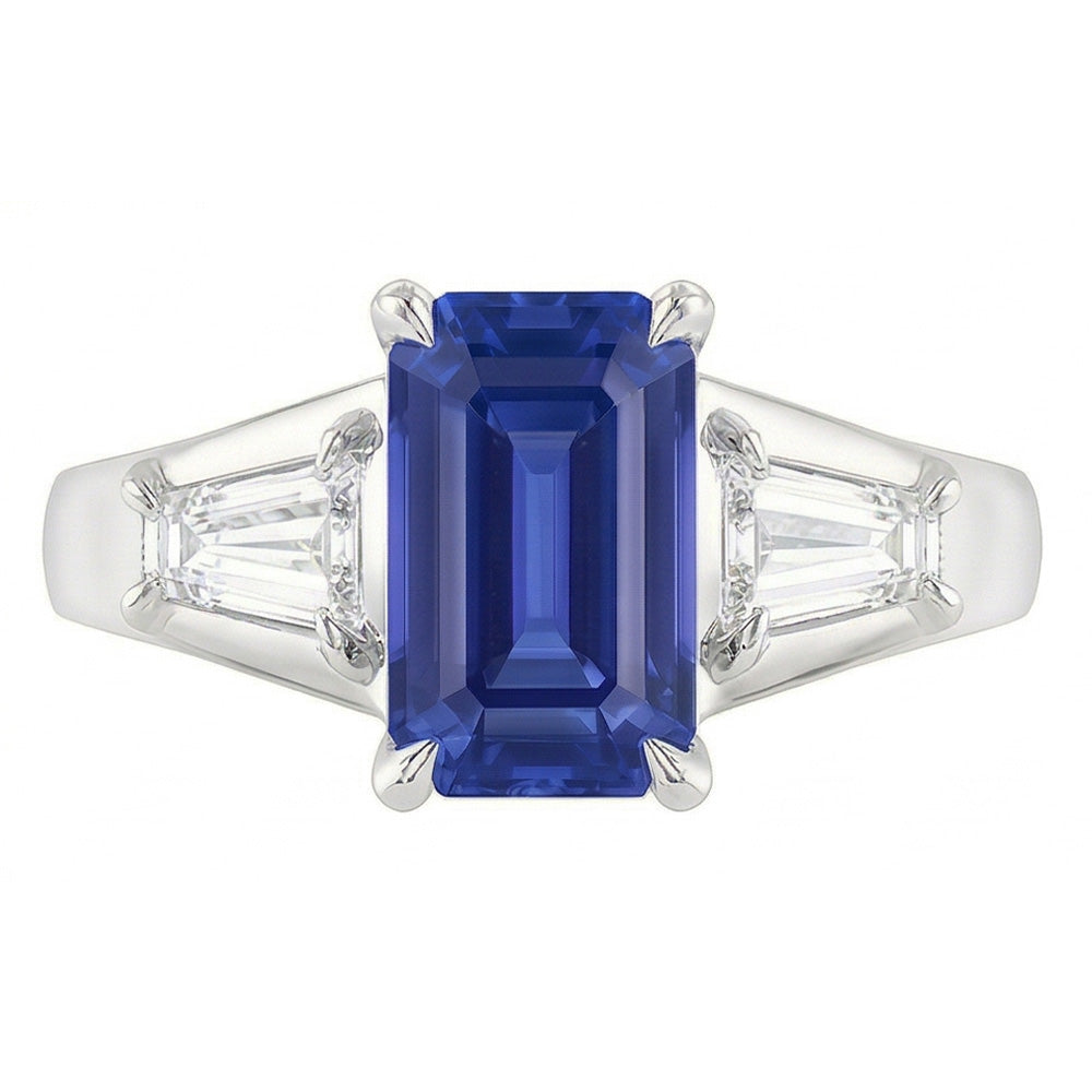 Three Stone Emerald Blue Sapphire Engagement Ring Gold 14K