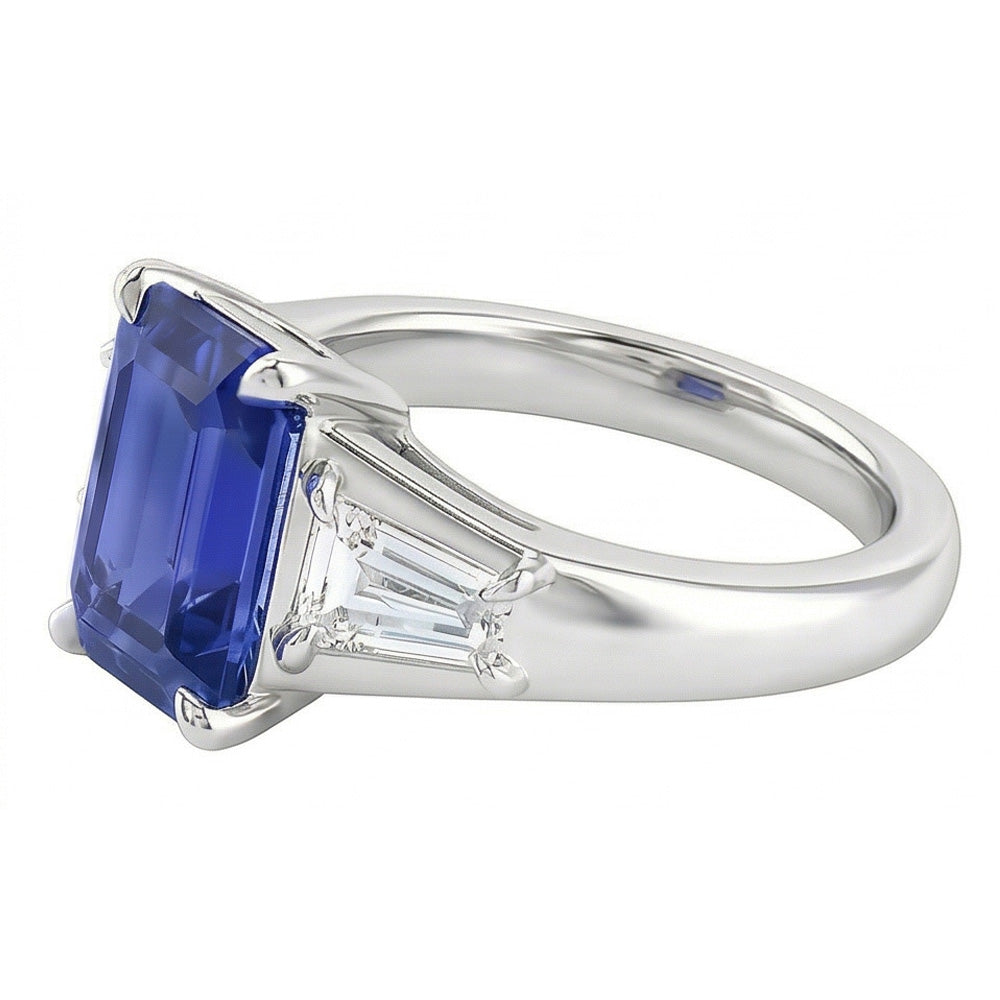 Three Stone Emerald Blue Sapphire Engagement Ring Gold 14K
