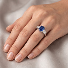 Three Stone Emerald Blue Sapphire Engagement Ring Gold 14K
