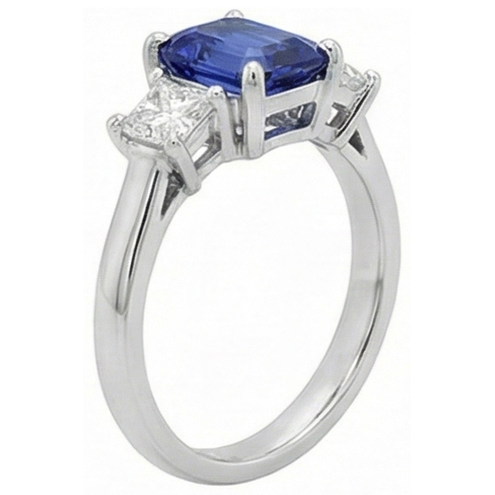 Three Stone Emerald Blue Sapphire & Natural Earth Mined Diamonds Ring