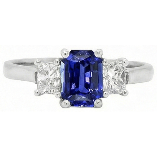 Three Stone Emerald Blue Sapphire & Natural Earth Mined Diamonds Ring