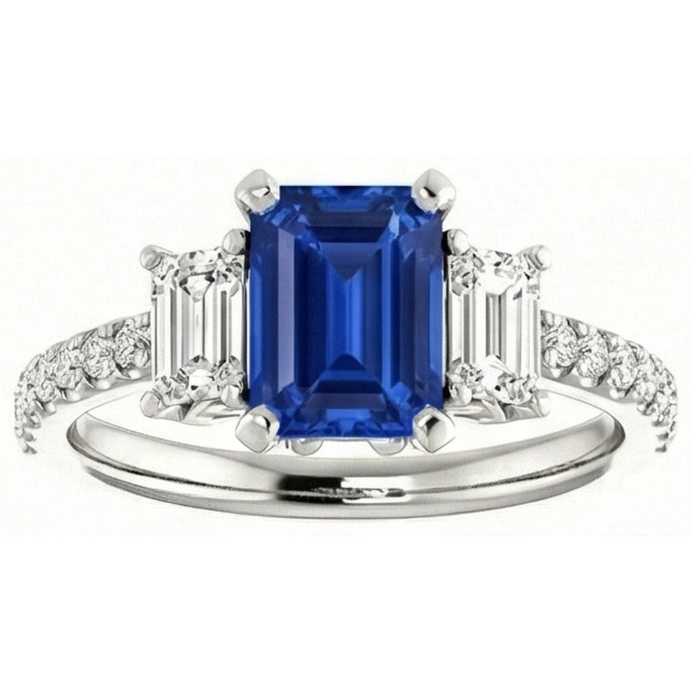 Three Stone Emerald Sapphire Ring With Accented Natural Earth Mined Diamonds 3.50 Carats