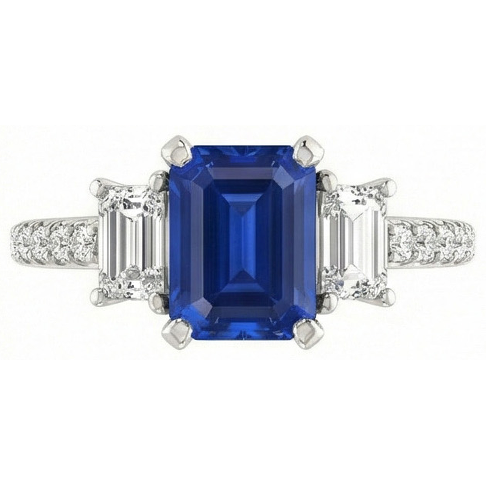 Three Stone Emerald Sapphire Ring With Accented Natural Earth Mined Diamonds 3.50 Carats