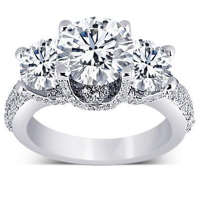 Three Stone Engagement Ring Pave Genuine Diamonds 4.75 Carat Gold White 14K