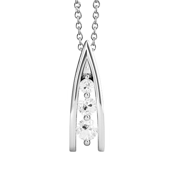 Three Stone Genuine Diamond Pendant Round Old Mine Cut V Shape 2 Carats