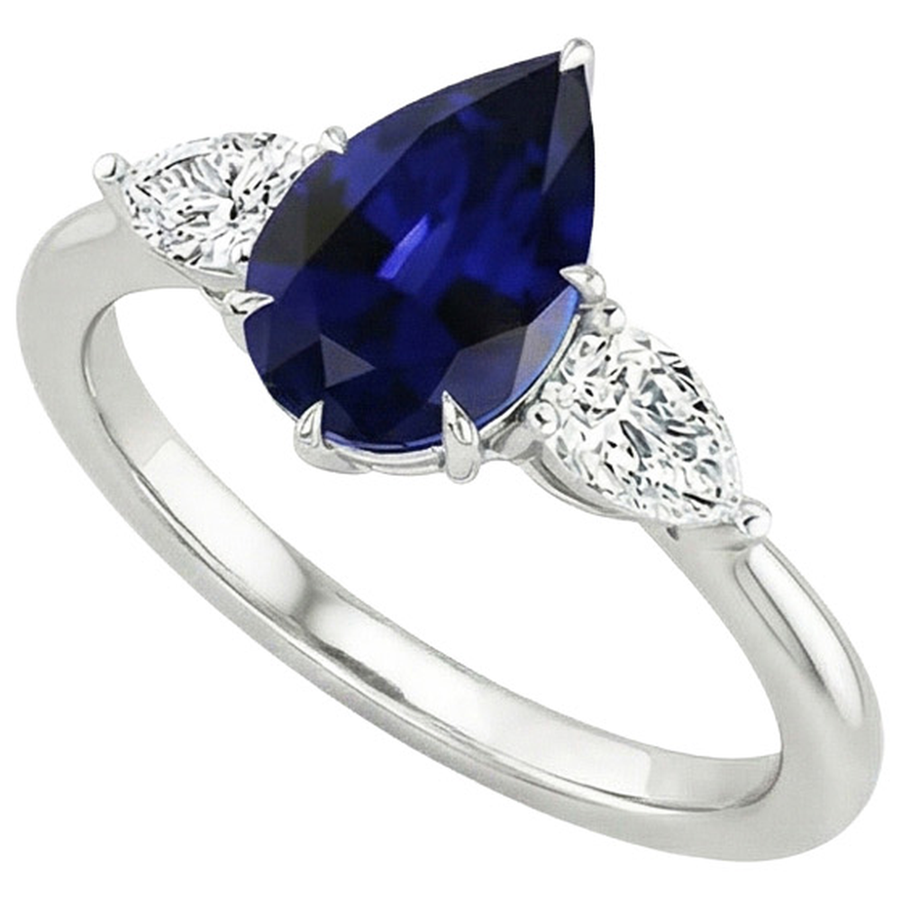 Three Stone Gold Pear Cut Ceylon Sapphire & Natural Earth Mined Diamond Ring 6.75 Carats