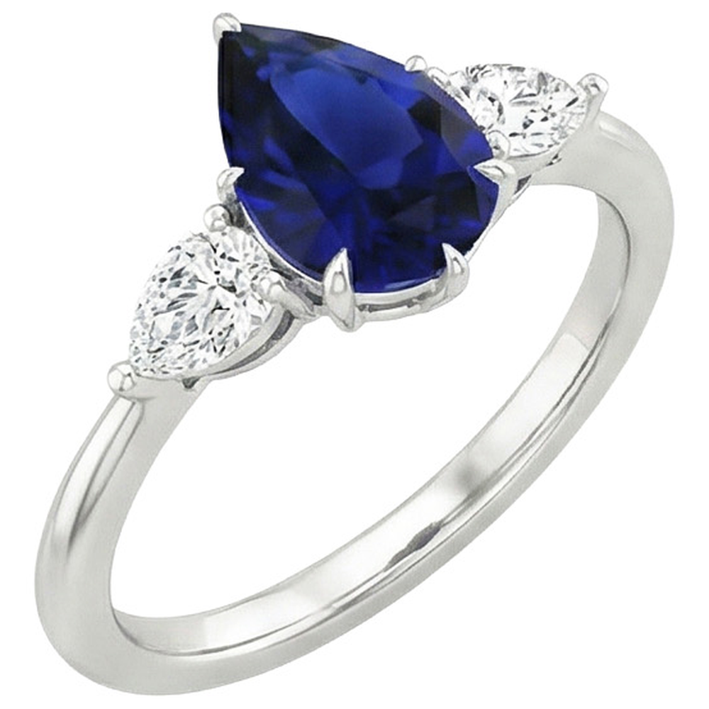 Three Stone Gold Pear Cut Ceylon Sapphire & Natural Earth Mined Diamond Ring 6.75 Carats