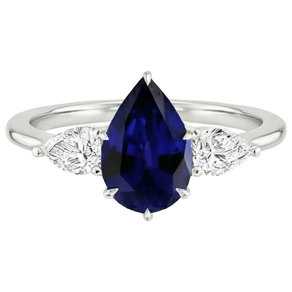 Three Stone Gold Pear Cut Ceylon Sapphire & Natural Earth Mined Diamond Ring 6.75 Carats