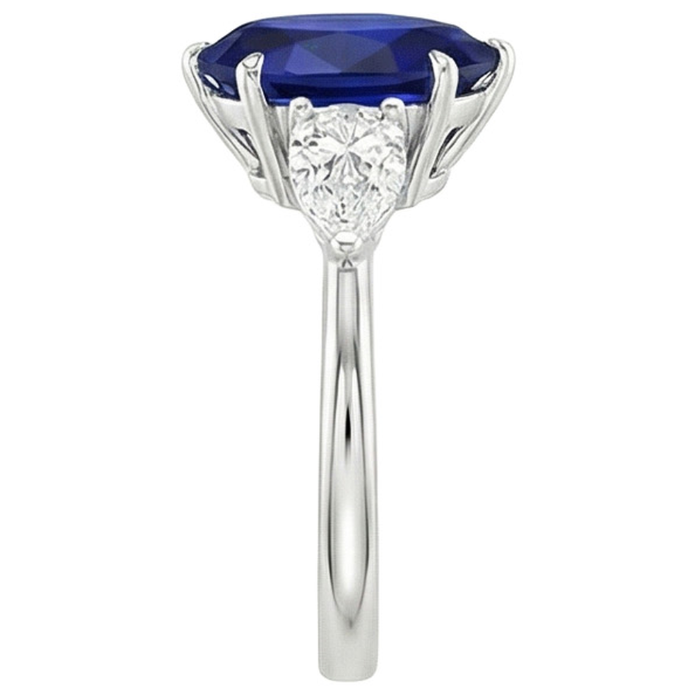 Three Stone Gold Pear Cut Ceylon Sapphire & Natural Earth Mined Diamond Ring 6.75 Carats