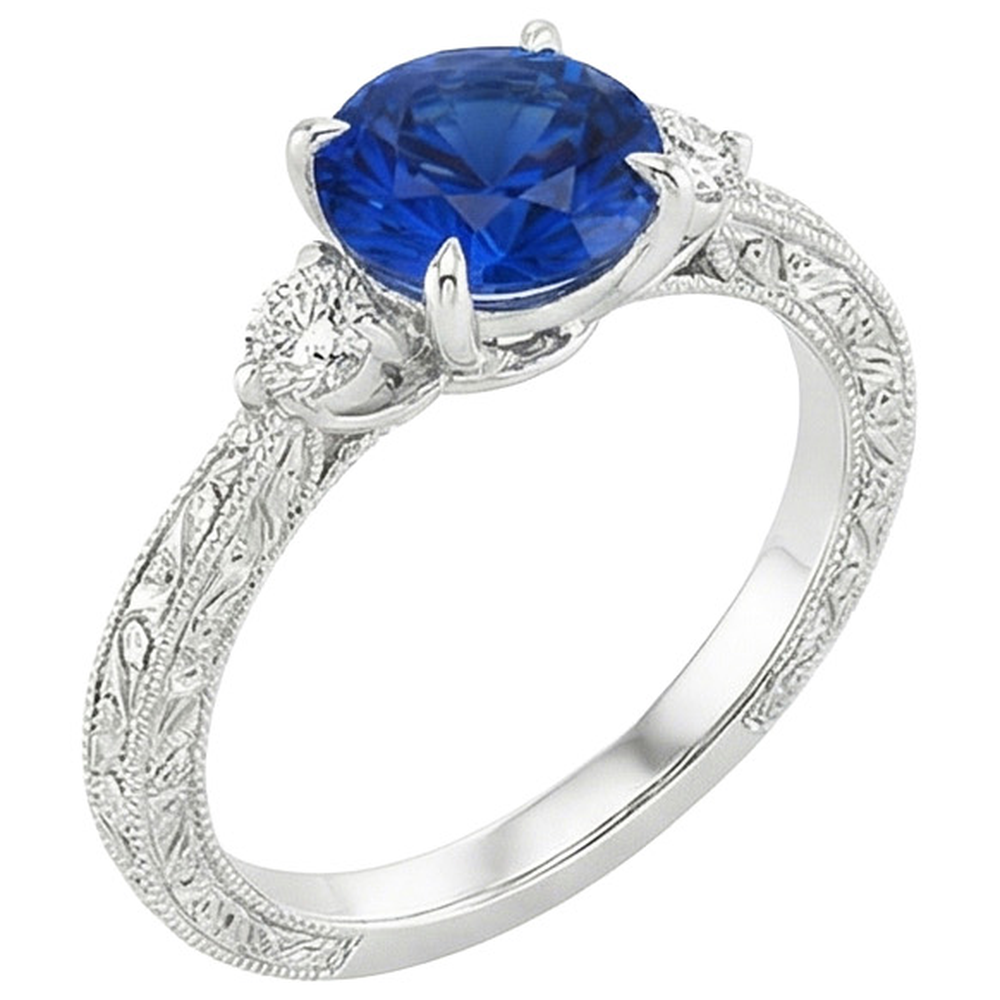 Three Stone Gold Ring Round Ceylon Sapphire & Natural Earth Mined Diamond 2.50 Carats New