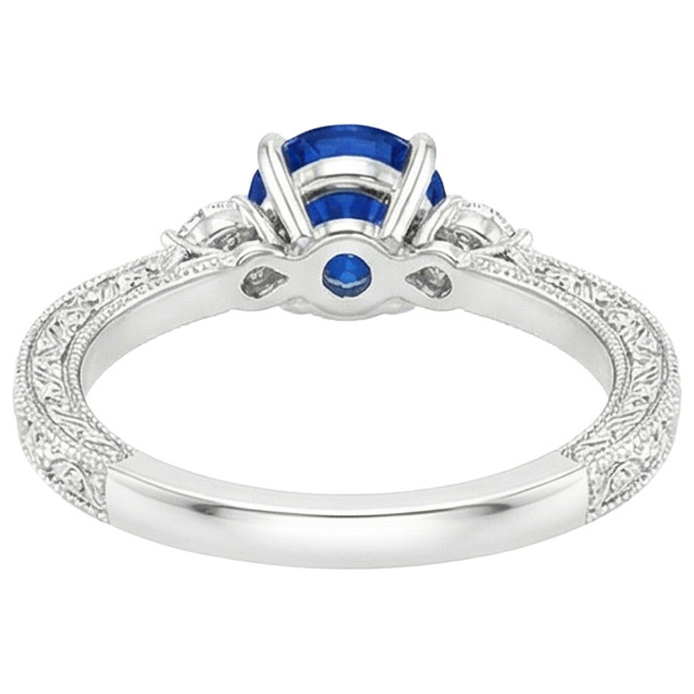 Three Stone Gold Ring Round Ceylon Sapphire & Natural Earth Mined Diamond 2.50 Carats New