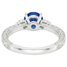 Three Stone Gold Ring Round Ceylon Sapphire & Natural Earth Mined Diamond 2.50 Carats New