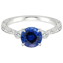 Three Stone Gold Ring Round Ceylon Sapphire & Natural Earth Mined Diamond 2.50 Carats New