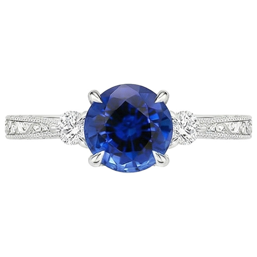 Three Stone Gold Ring Round Ceylon Sapphire & Natural Earth Mined Diamond 2.50 Carats New