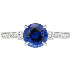 Three Stone Gold Ring Round Ceylon Sapphire & Natural Earth Mined Diamond 2.50 Carats New
